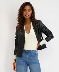 Kensie Women's Asymmetrical Pu Peplum Moto Jacket with Quilting Details