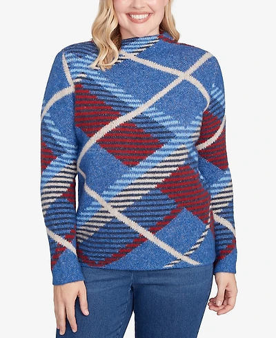 Alfred Dunner Petite Sunset Canyon Exploded Plaid Mock Neck Sweater