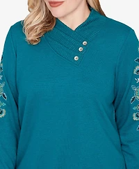 Alfred Dunner Petite Lake Champlain Embroidered Sleeve Button Detail Top