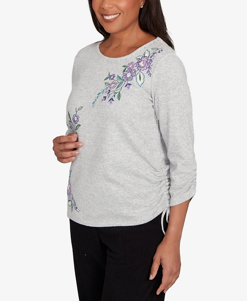 Alfred Dunner Petite Lake Champlain Embroidered Flowers with Side Tie Ruching Top