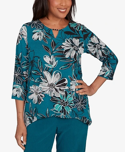 Alfred Dunner Petite Lake Champlain Floral Printed Beaded Neck Top
