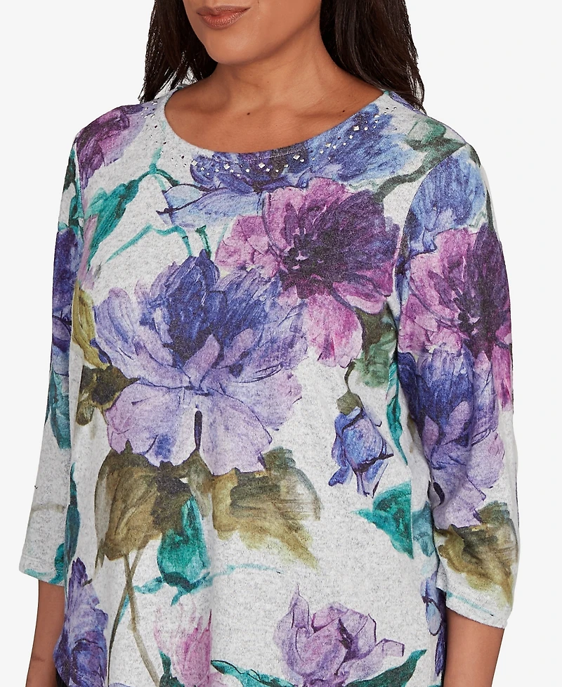 Alfred Dunner Petite Lake Champlain Asymmetrical Watercolor Flower Top