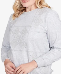 Alfred Dunner Petite Casual Vibe Embroidered Patchwork Long Sleeve Top