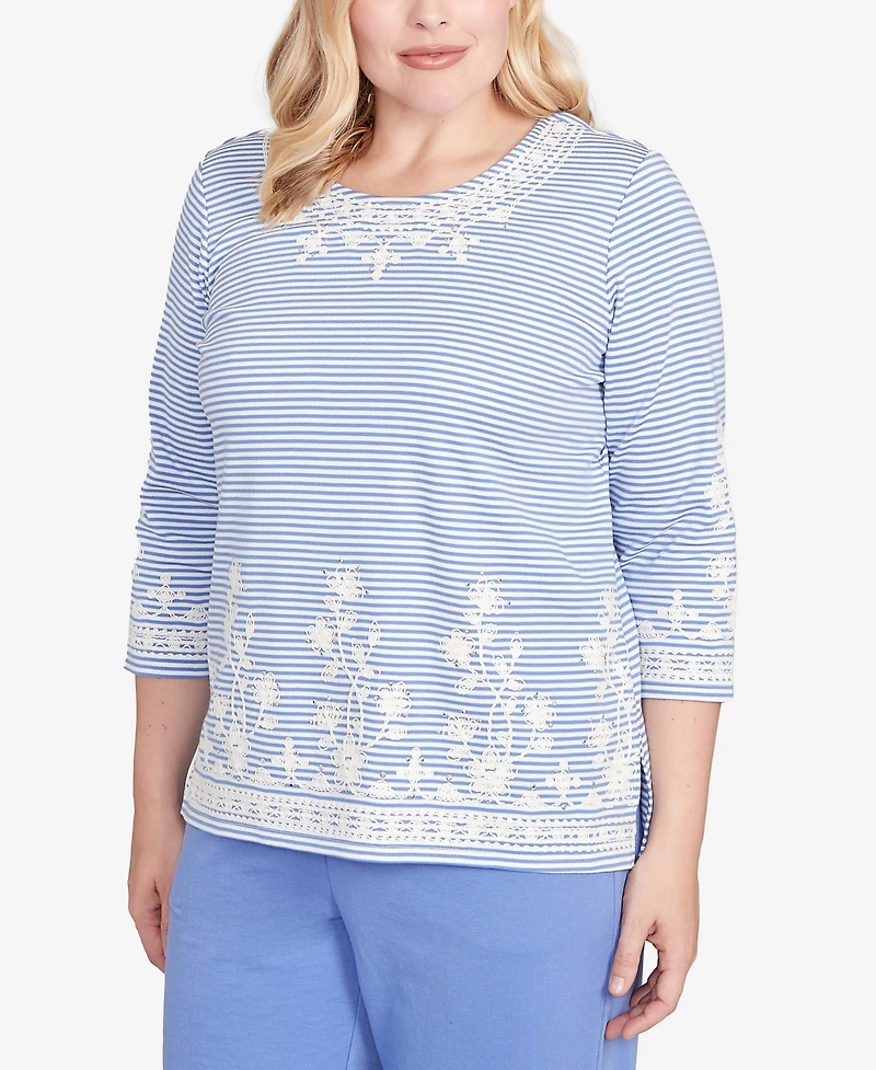 Alfred Dunner Petite Casual Vibe Embellished Striped Crew Neck Top
