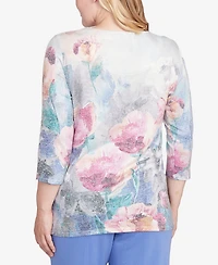 Alfred Dunner Petite Casual Vibe Floral Brushstroke Beaded Split Neck Top