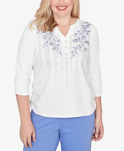 Alfred Dunner Petite Casual Vibe Geometric Floral Ruched Henley Top