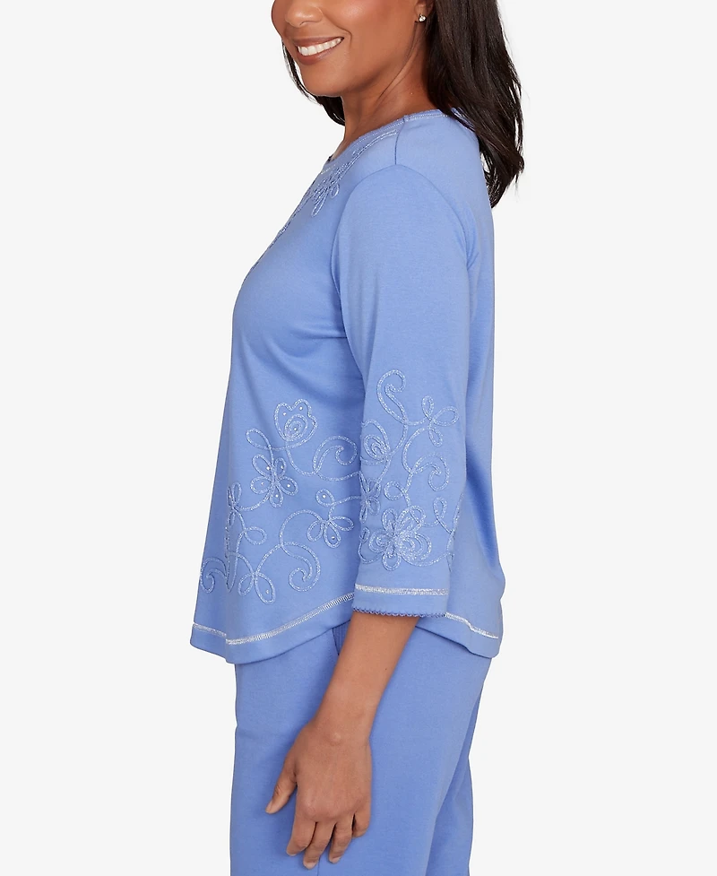 Alfred Dunner Petite Casual Vibe Asymmetrical Floral Embroidered Detail Top