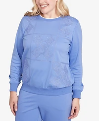 Alfred Dunner Petite Casual Vibe Embroidered Patchwork Long Sleeve Top