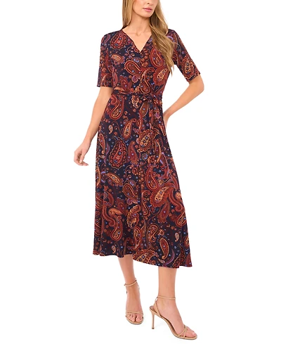 Msk Women's V-Neck Tie Waist Midi Dress