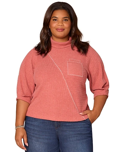 Democracy Plus Size Pleated Elbow Sleeve Mock Neck Knit Top