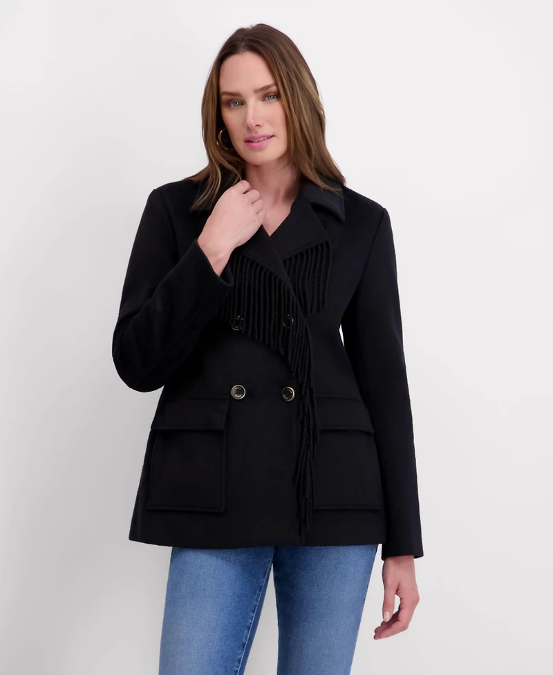 Kensie Double Breasted Patch Pocket Faux Wool Jacket with Fringe