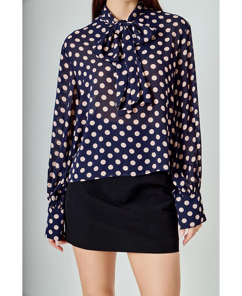 endless rose Women's Polka Dot Neck Bow Top