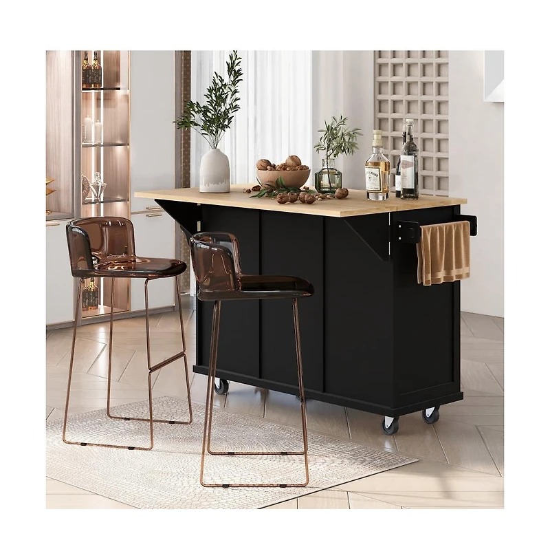 Maison Boucle Kitchen Island Cart with Drop Leaf, Rubber Wood Top, 3 Drawers & Internal Racks, Rolling Storage on Wheels-Maison