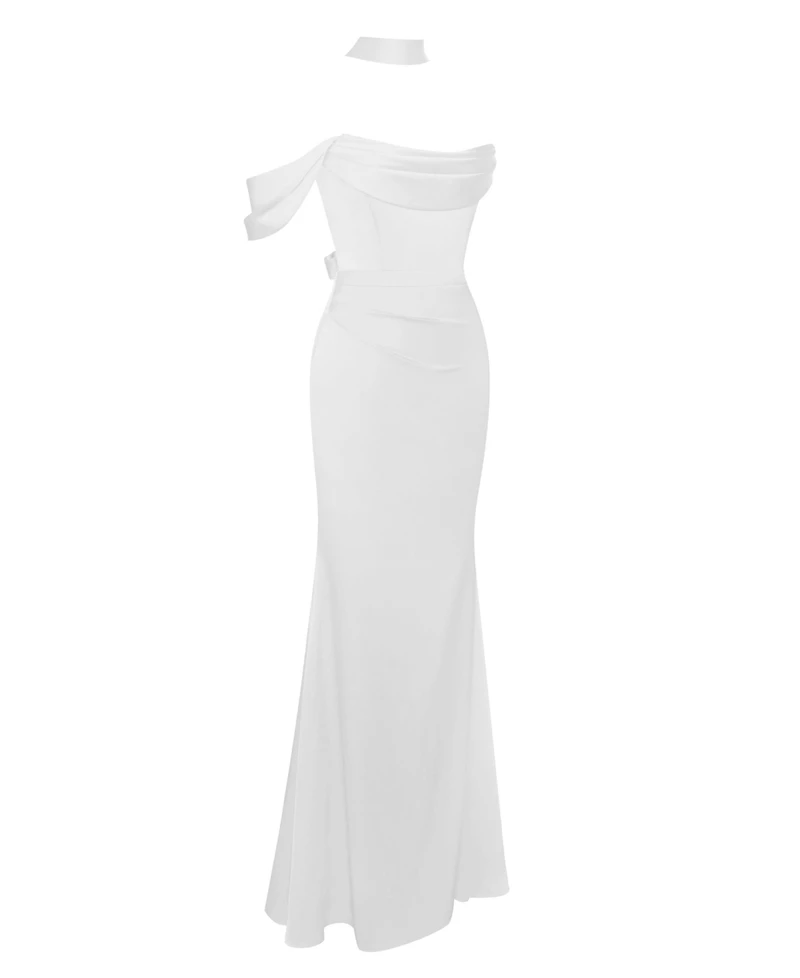 Miss Circle Women Ivona White Halter Neck Double Duchess Satin Gown