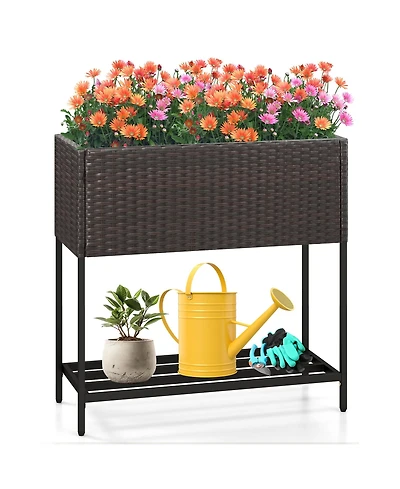 Gymax Elevated Planter Box Raised Garden Bed w/ Rattan Surface Bottom Storage Shelf