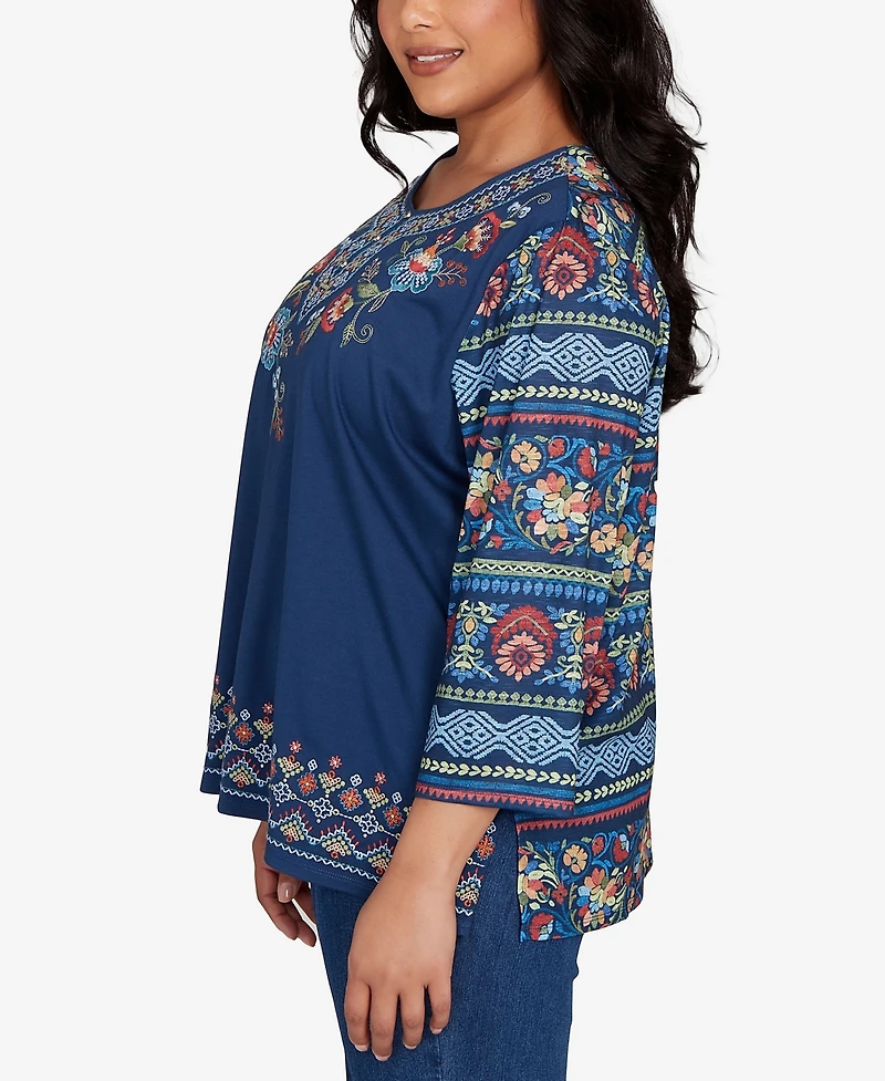 Alfred Dunner Plus Sunset Canyon Printed Sleeve Floral Embroidered Top