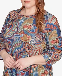 Alfred Dunner Plus Sunset Canyon Stitched Floral Pleated Neck Top
