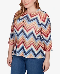 Alfred Dunner Plus Sunset Canyon Textured Knit Chevron Top with Necklace