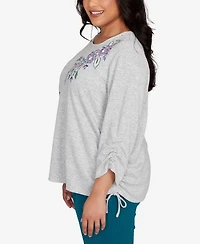 Alfred Dunner Plus Lake Champlain Embroidered Flowers Top with Side Tie Ruching