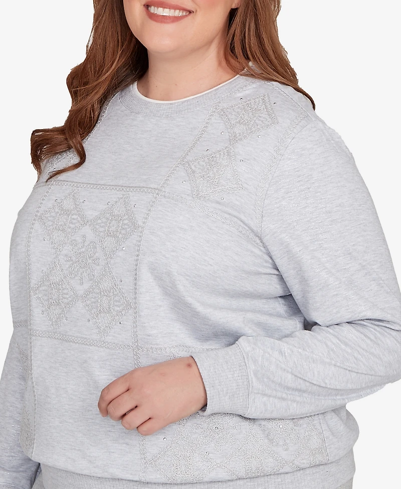 Alfred Dunner Plus Casual Vibe Embroidered Patchwork Long Sleeve Top