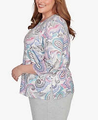 Alfred Dunner Plus Casual Vibe Pleated Paisley Crew Neck Top