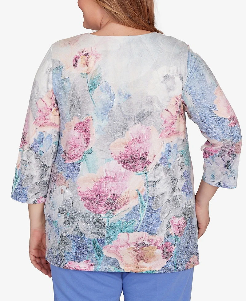 Alfred Dunner Plus Casual Vibe Floral Brushstroke Beaded Split Neck Top