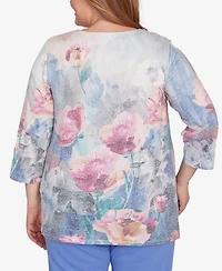 Alfred Dunner Plus Casual Vibe Floral Brushstroke Beaded Split Neck Top