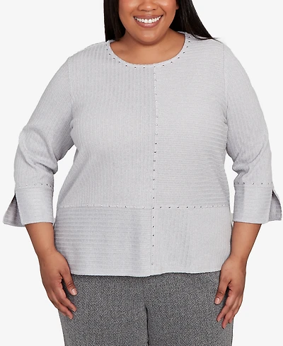 Alfred Dunner Plus Jet Setter Heat Set Embellished Solid Knit Top