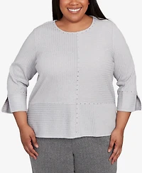 Alfred Dunner Plus Jet Setter Heat Set Embellished Solid Knit Top