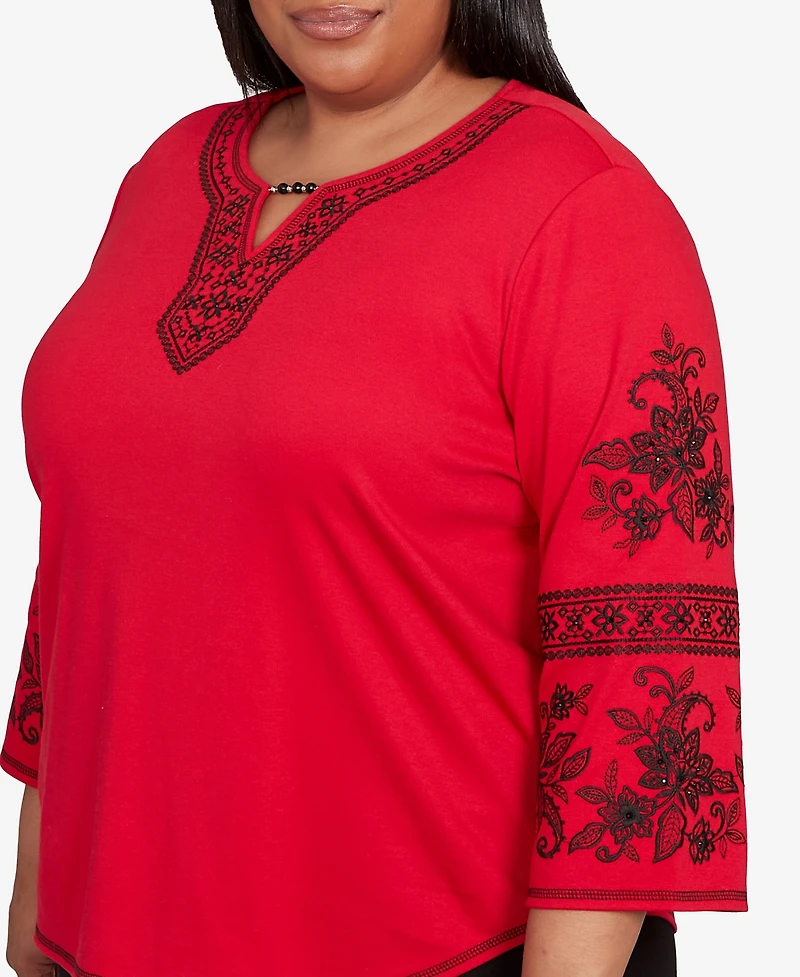 Alfred Dunner Plus Jet Setter Knit Embroidered Sleeve Beaded Split Neck Top