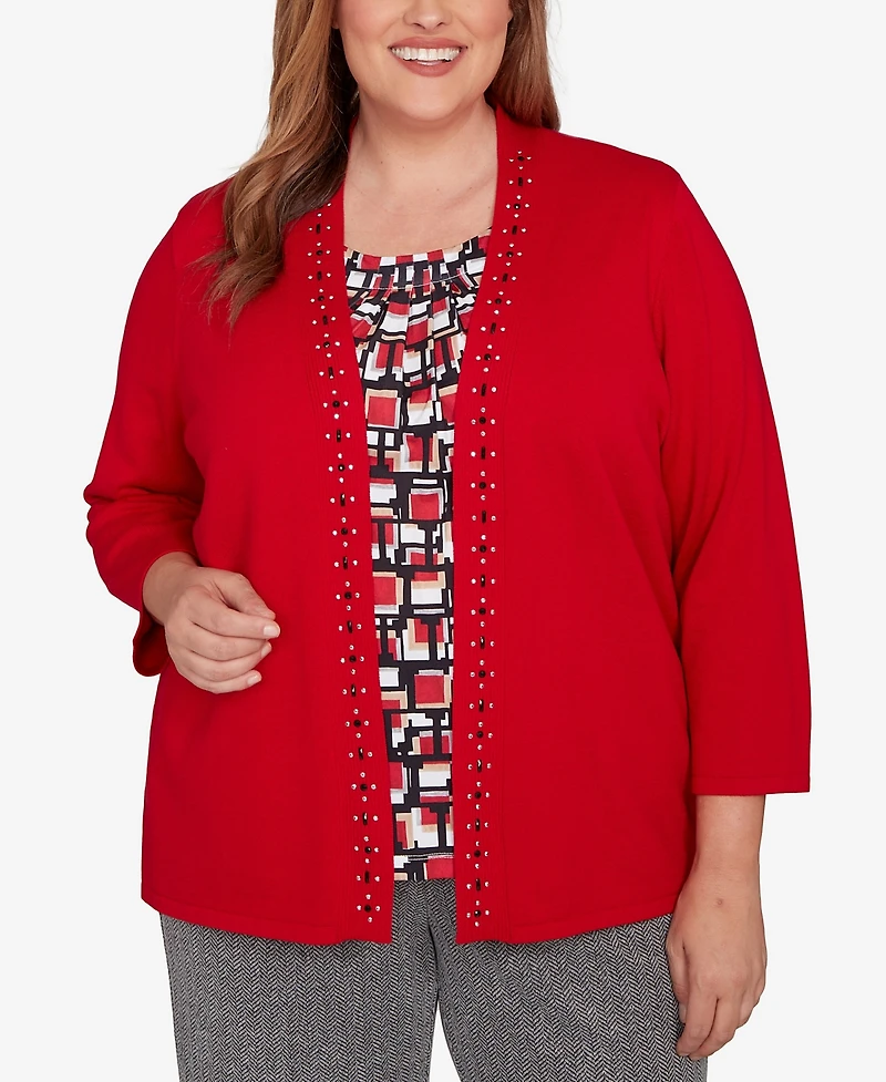 Alfred Dunner Plus Jet Setter Geometric Inner Two One Sweater