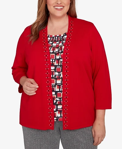 Alfred Dunner Plus Jet Setter Geometric Inner Two One Sweater