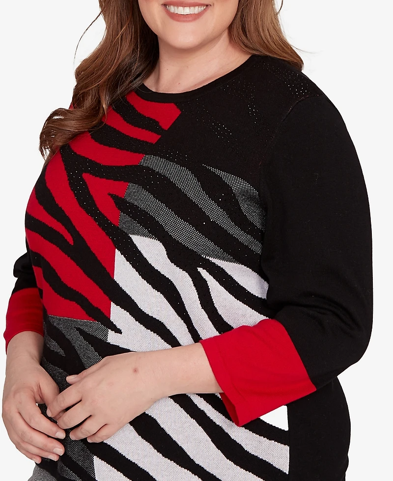 Alfred Dunner Plus Jet Setter Zebra Colorblock Long sleeve Sweater