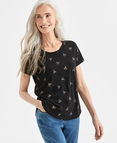 Style & Co Petite Short Sleeve Bow Print Top, Macy's Exclusive