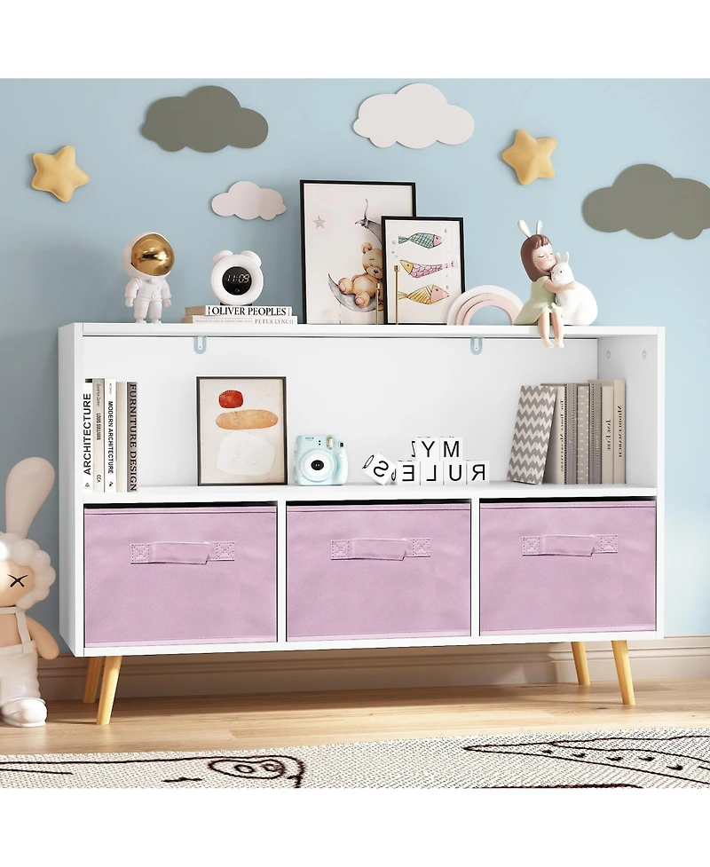 Jujabu 35 in. Wide White/ Kids Bookcase with Collapsible Fabric Drawers, Children's Book Display