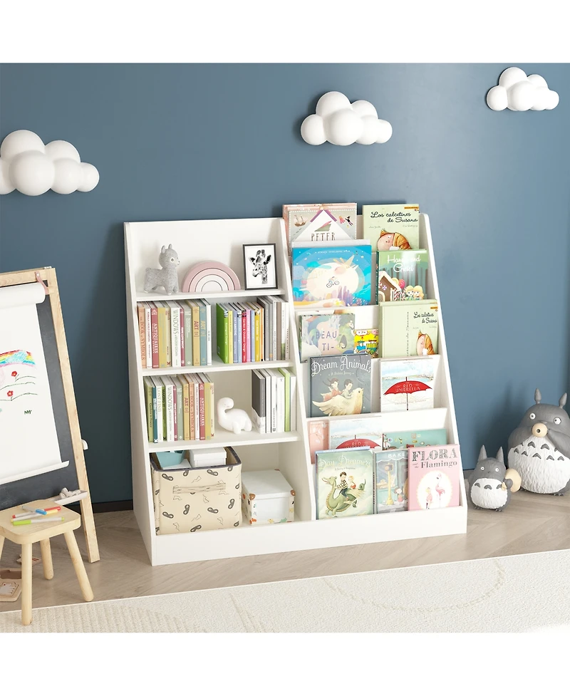 Jujabu 35 in. Wide Multifunctional 4 Tier Wooden White Kids Bookshelf and Toy Storage Organizer with Bookcase Display Stand