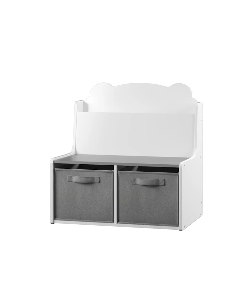 Jujabu Kids White and Gray Wooden Bookshelf with Book Display Shelf and 2 Fabric Bins, Cute Bear-Shaped Backboard