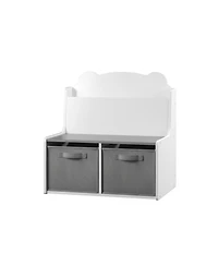 Jujabu Kids White and Gray Wooden Bookshelf with Book Display Shelf and 2 Fabric Bins, Cute Bear-Shaped Backboard