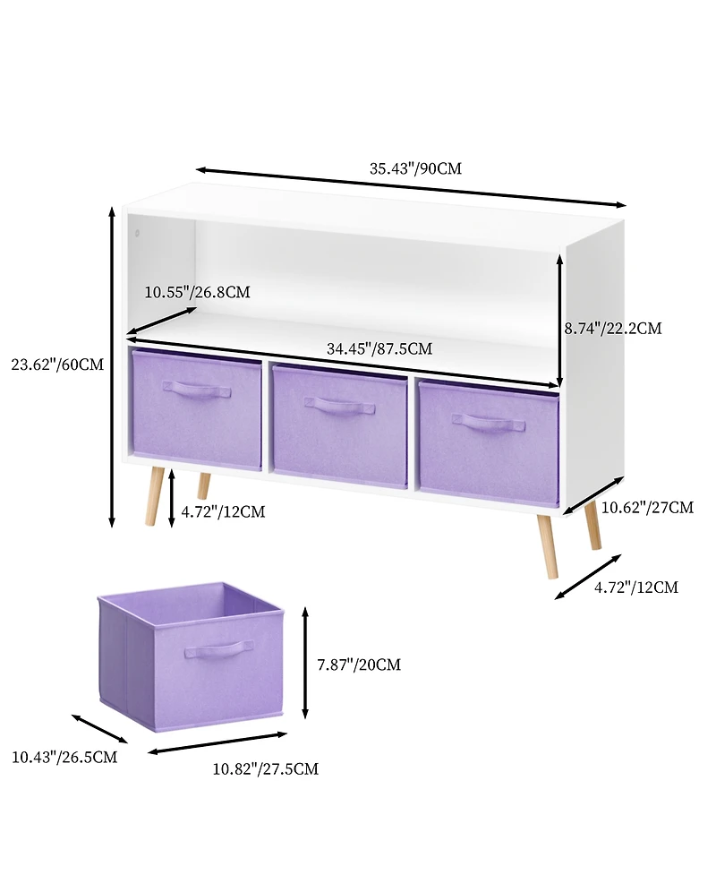 Jujabu 35 in. Wide White/Purple Kids Bookcase with Collapsible Fabric Drawers, Children's Book Display, Toy Storage Cabinet