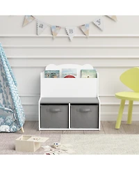 Jujabu Kids White and Gray Wooden Bookshelf with Book Display Shelf and 2 Fabric Bins, Cute Bear-Shaped Backboard