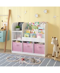 36 in. Wide White/Pink Multifunctional Kids Bookcase and Bookshelf with 3 Collapsible Fabric Drawers Bookcase Display Stand