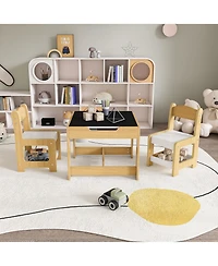 Jujabu Natural Wood 3-in-1 Kids Study Table and Chairs Set with Detachable Blackboard Top for Drawing