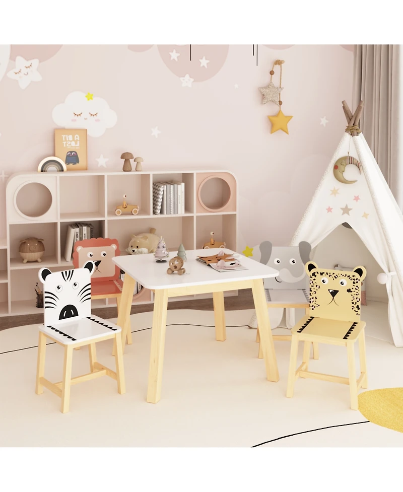Jujabu 5 Piece Wood Kiddy Table and Chair Set with 4 Chairs Set Cartoon Animals