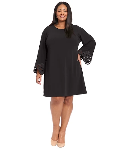 London Times Plus Lasercut Long Sleeve Swing Dress