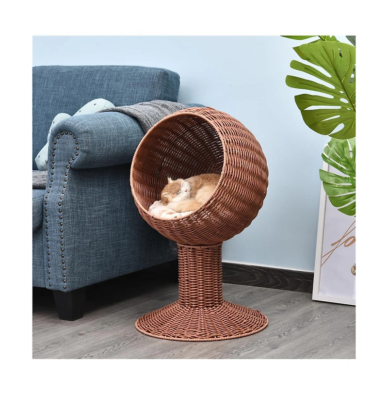 Zeus & Ruta Rattan Egg Chair Cat Bed with Cushion in Brown