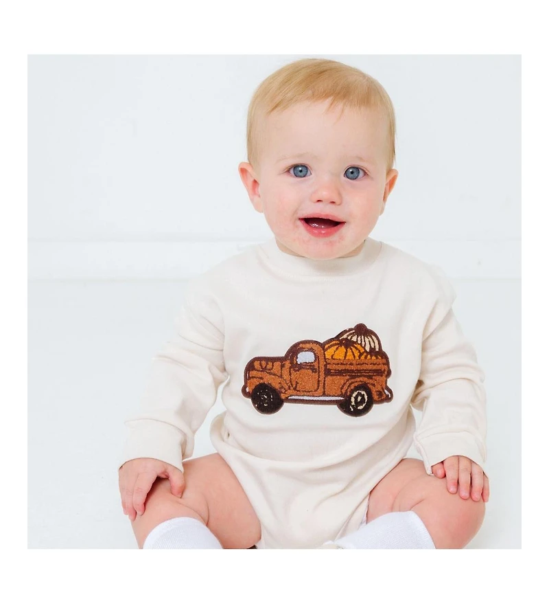 Sweet Wink Baby Boy Fall Truck Patch Long Sleeve Romper