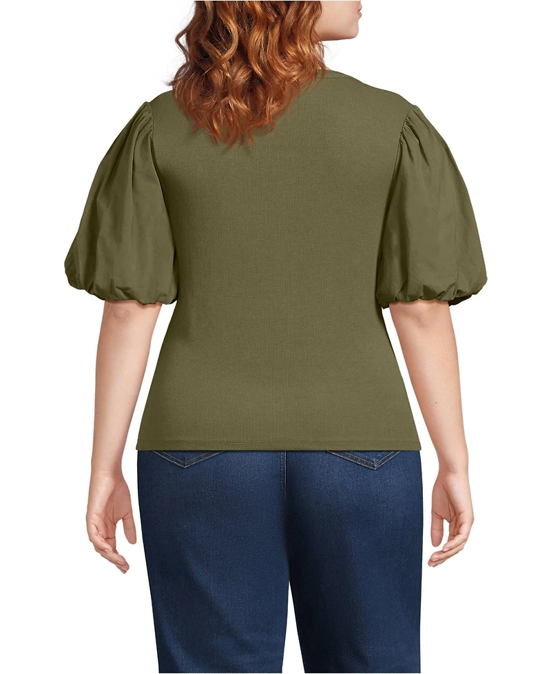 Lands' End Women's Plus Drapey Rib Puff Sleeve Scoop Neck Top