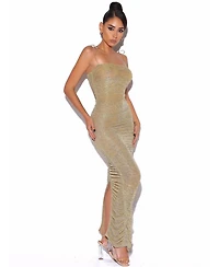 Miss Circle Women The Glint Gold Ruched Chiffon Long Maxi Dress