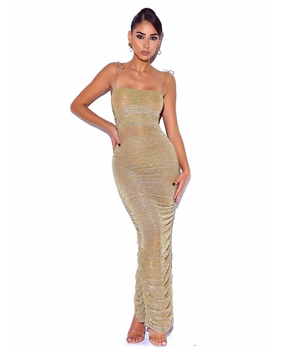 Miss Circle Women The Glint Gold Ruched Chiffon Long Maxi Dress