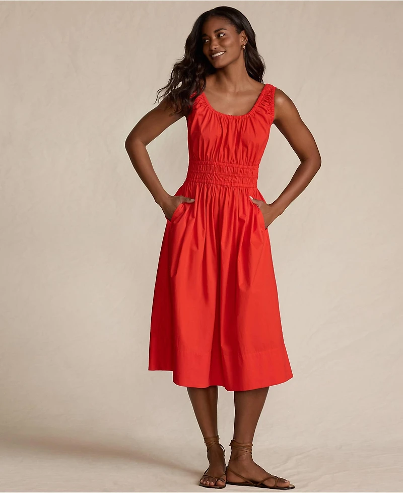 Lands' End Women's Sleeveless Poplin Smocked Midi Dress